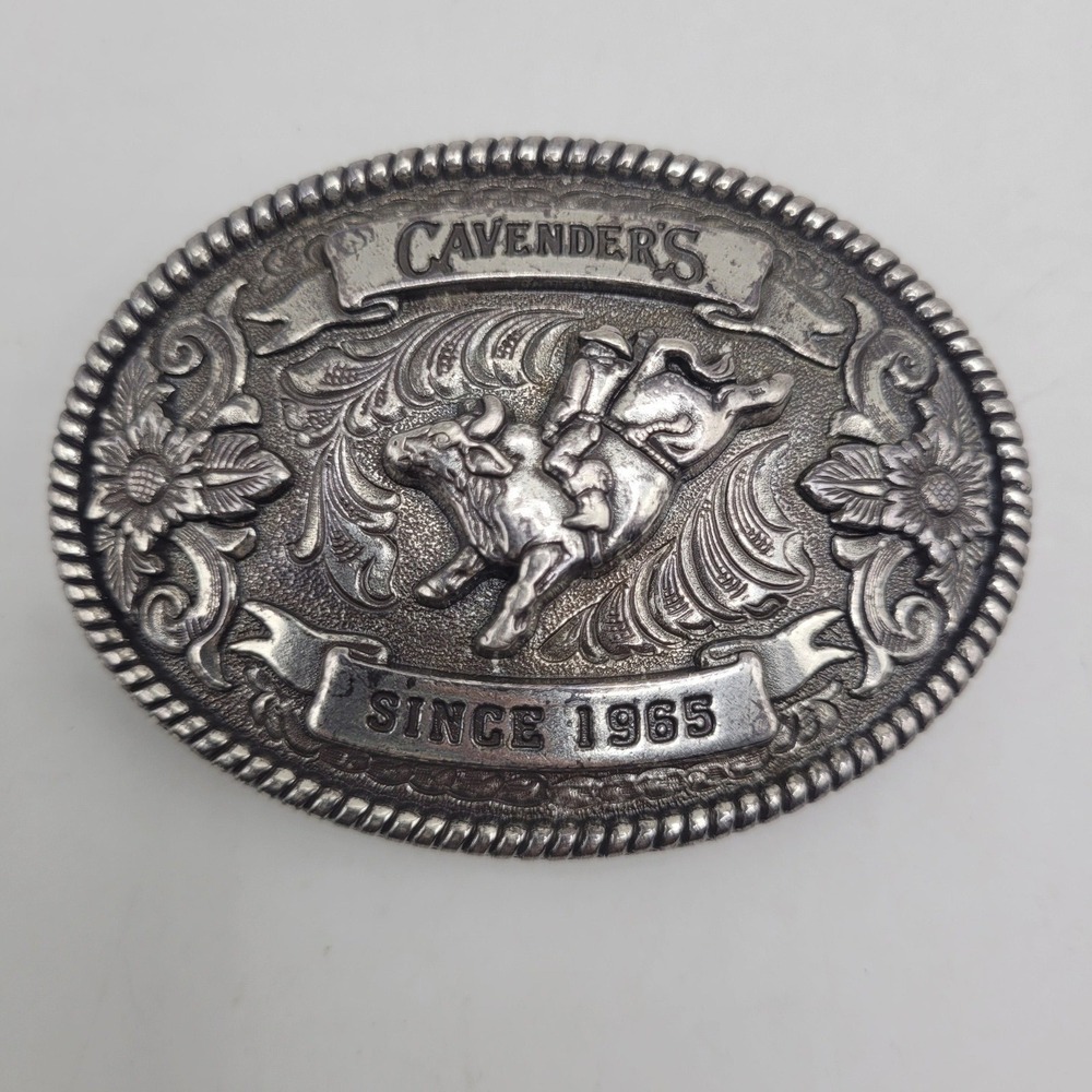 Cavender's Belt Buckle Silver Western Cowboy Floral Engraved Rodeo Bull Riding